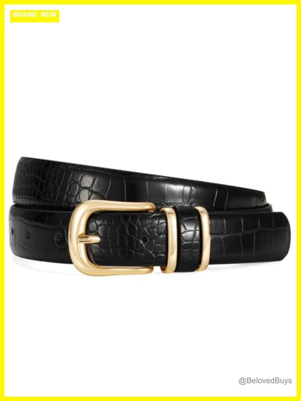 Faux Leather Belt with Gold Buckle for Jeans, Dresses, Crocodile Grain